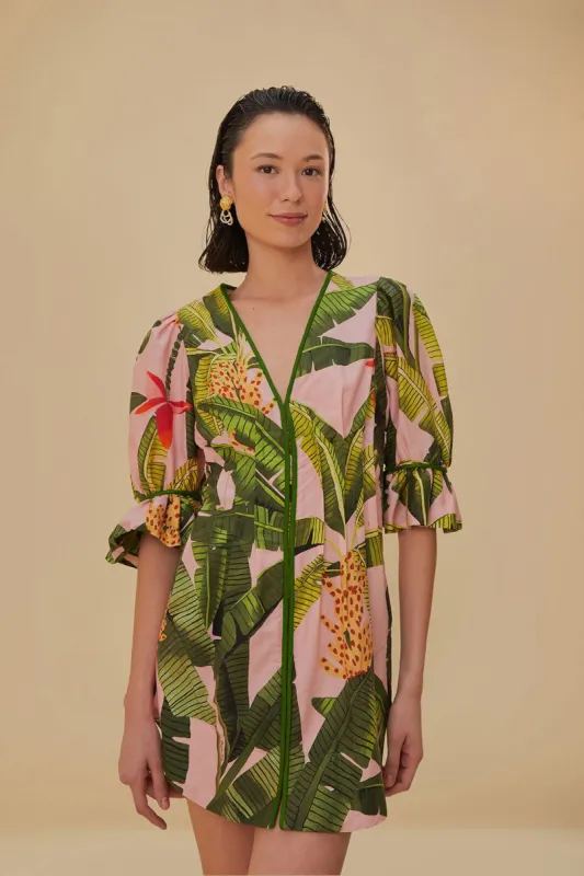 Pink Banana Leaves V Neck Mini Dress sold by FARM Rio