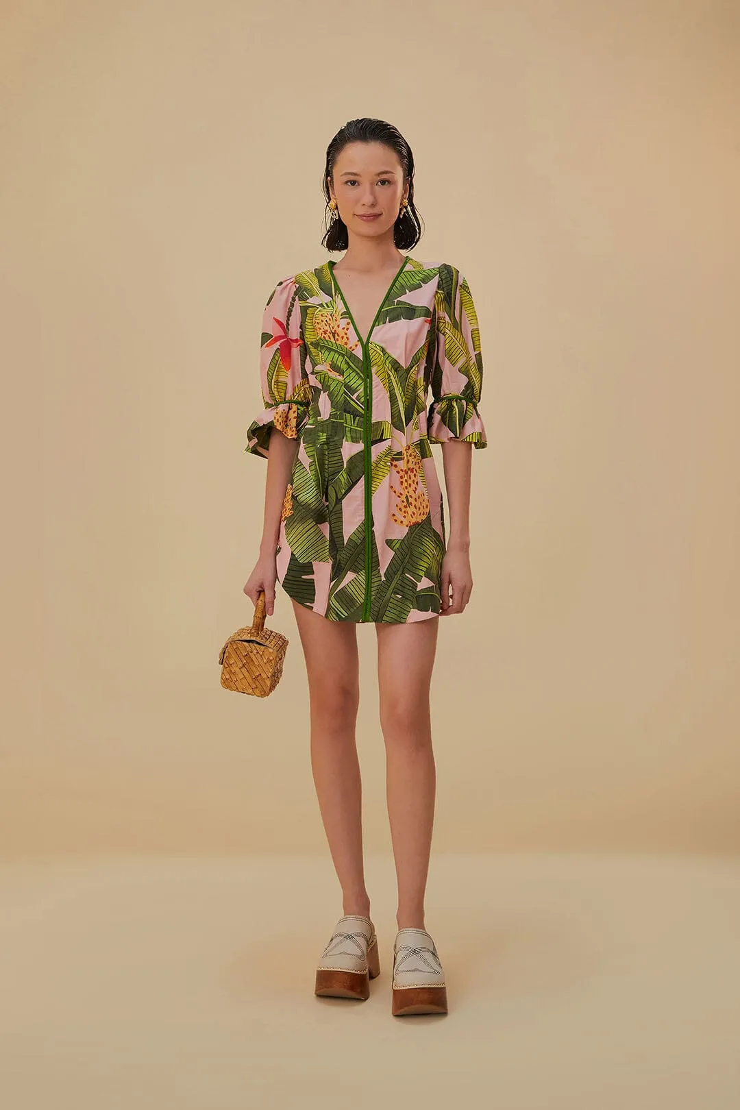Pink Banana Leaves V Neck Mini Dress sold by FARM Rio product image thumbnail 2
