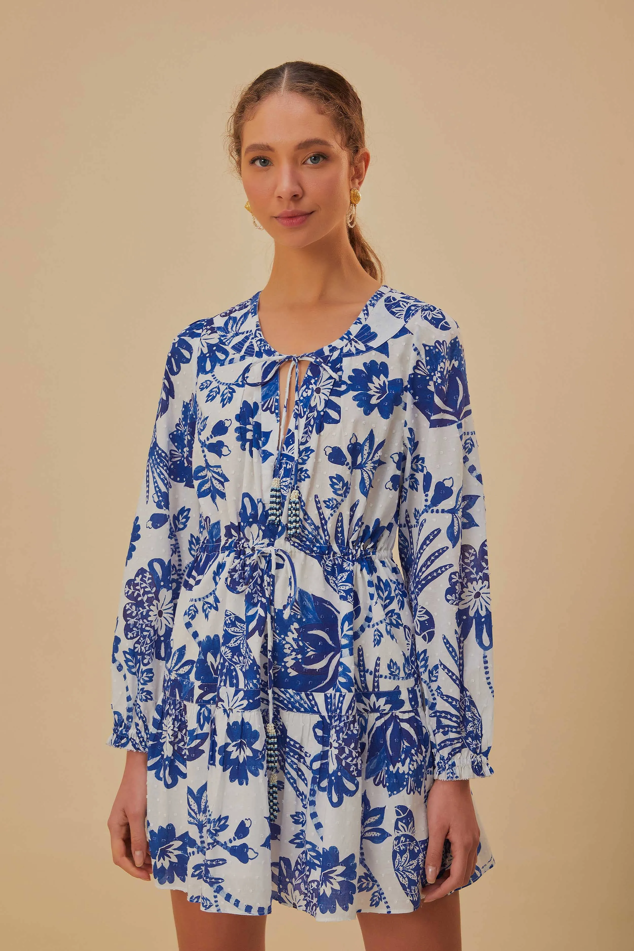 Off-White Flowerful Birds Long Sleeve Mini Dress sold by FARM Rio