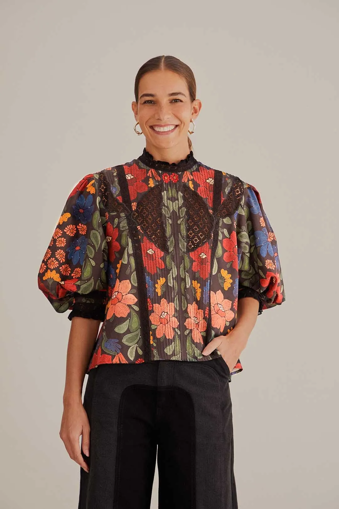 Black Stitched Flowers Short Sleeve Blouse sold by FARM Rio