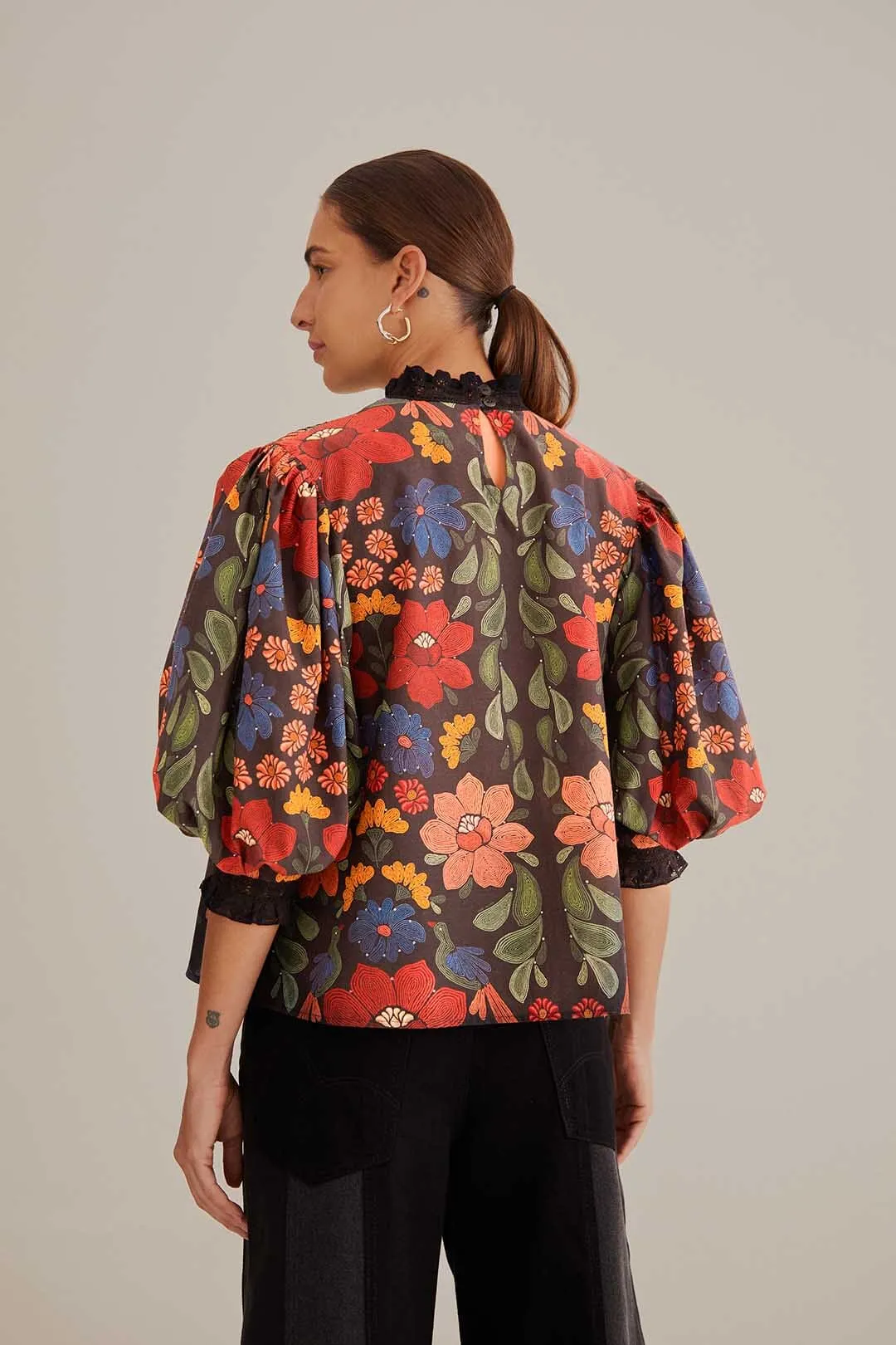 Black Stitched Flowers Short Sleeve Blouse sold by FARM Rio product image thumbnail 5