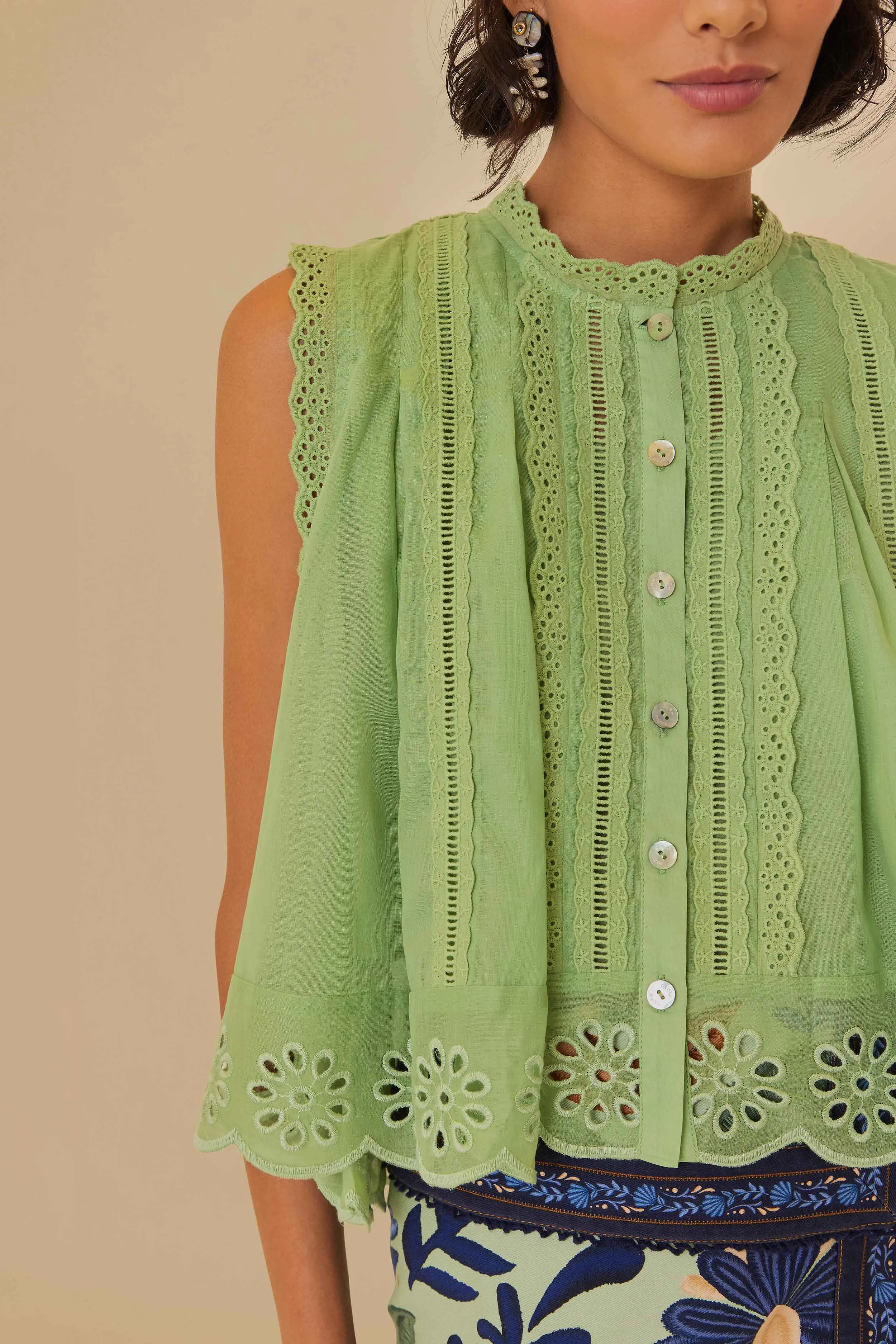 Light Green Sleeveless Organic Cotton Blouse sold by FARM Rio product image thumbnail 3