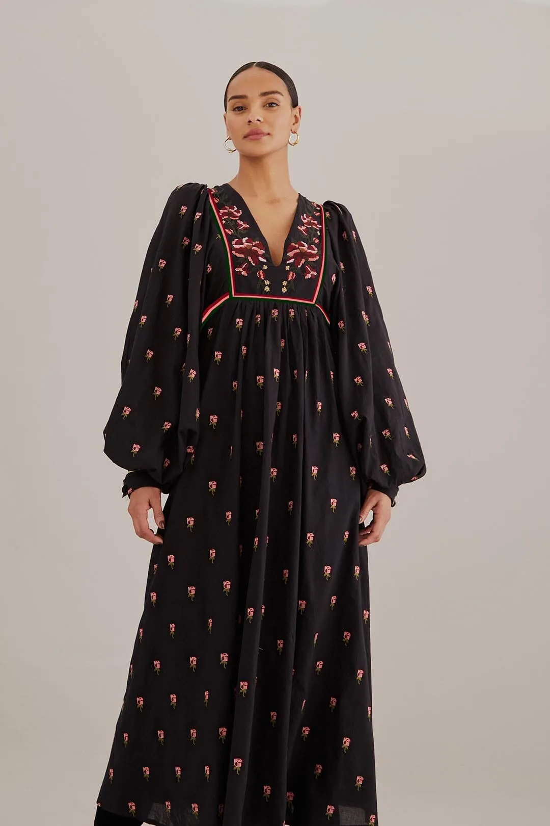 Black Floral Embroidered V Neck Maxi Dress sold by FARM Rio