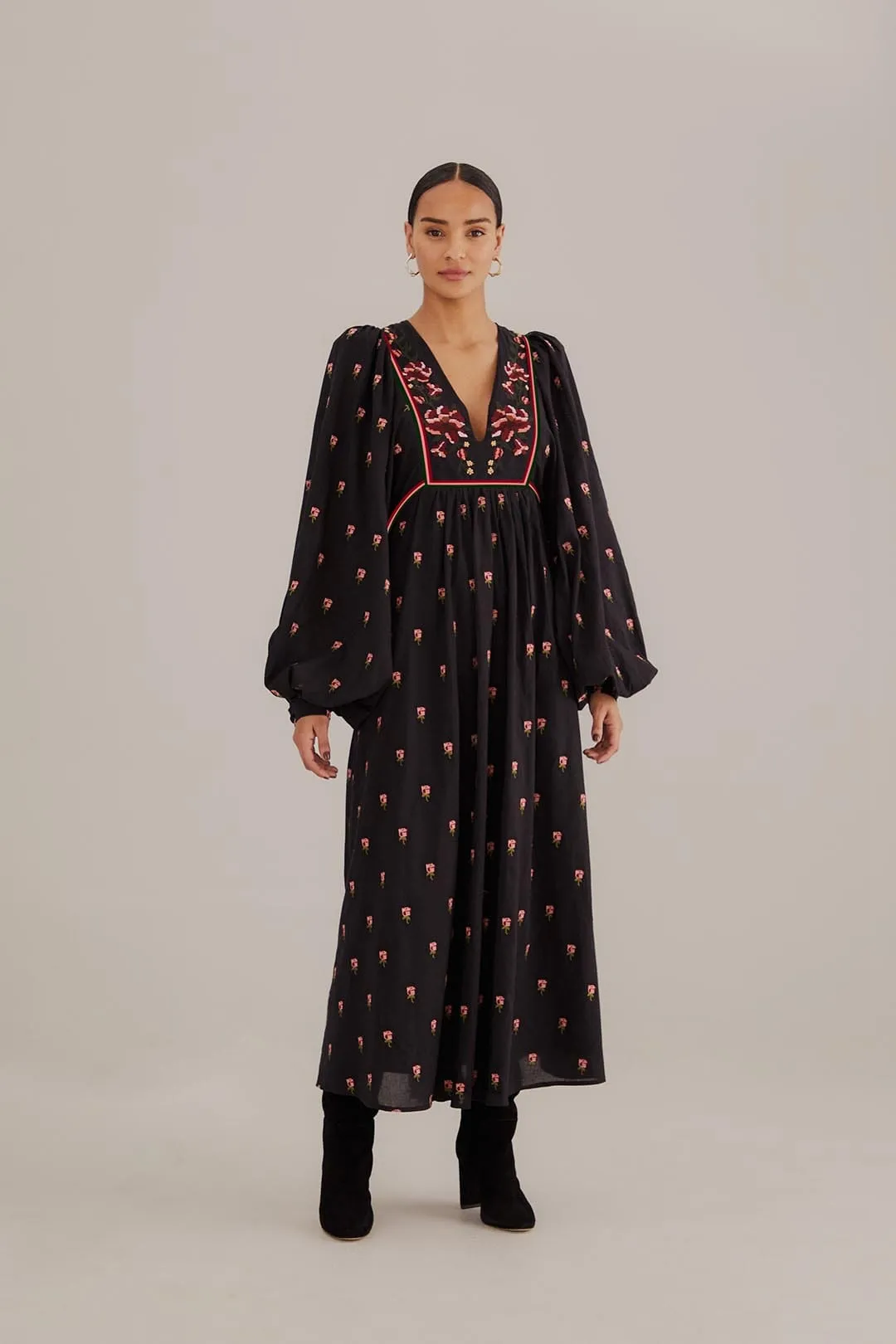 Black Floral Embroidered V Neck Maxi Dress sold by FARM Rio product image thumbnail 3