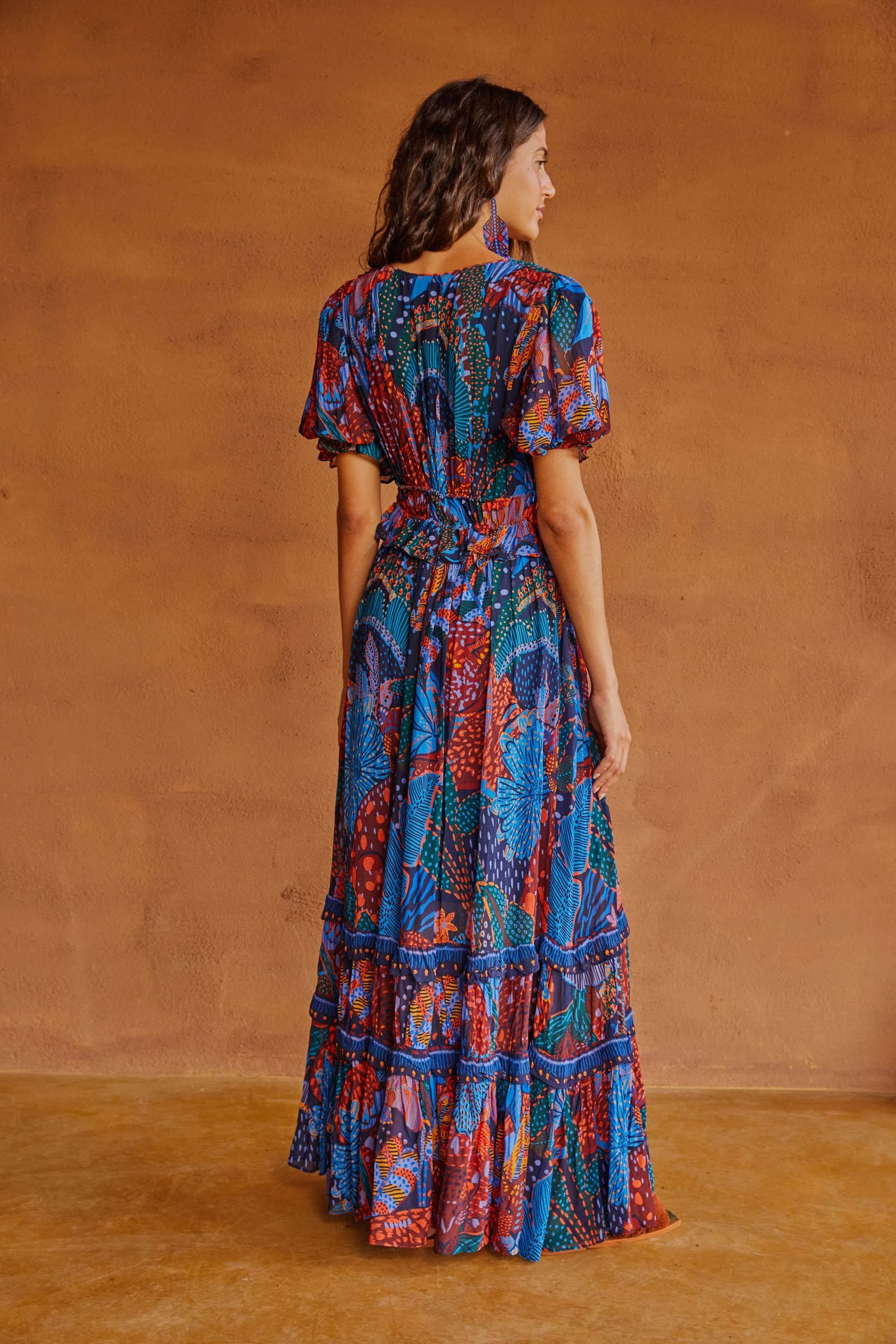 BLUE COOL LEOPARD RUFFLE MAXI DRESS sold by FARM Rio product image thumbnail 3
