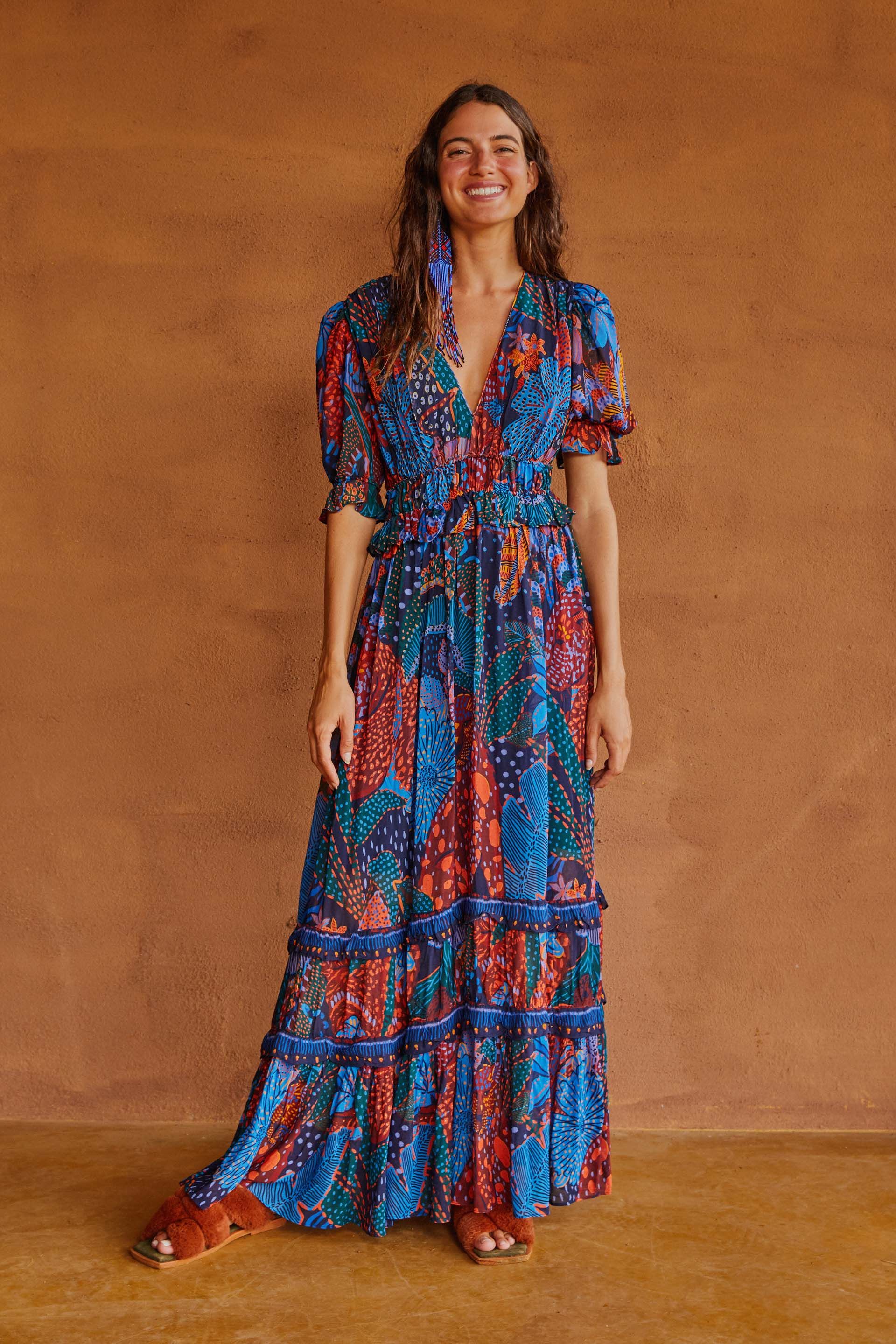 BLUE COOL LEOPARD RUFFLE MAXI DRESS sold by FARM Rio