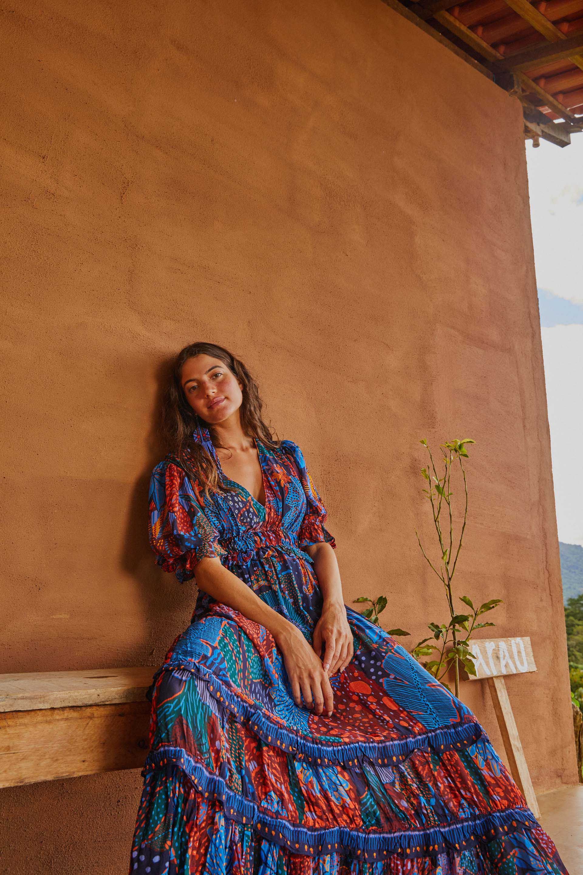 BLUE COOL LEOPARD RUFFLE MAXI DRESS sold by FARM Rio product image thumbnail 4