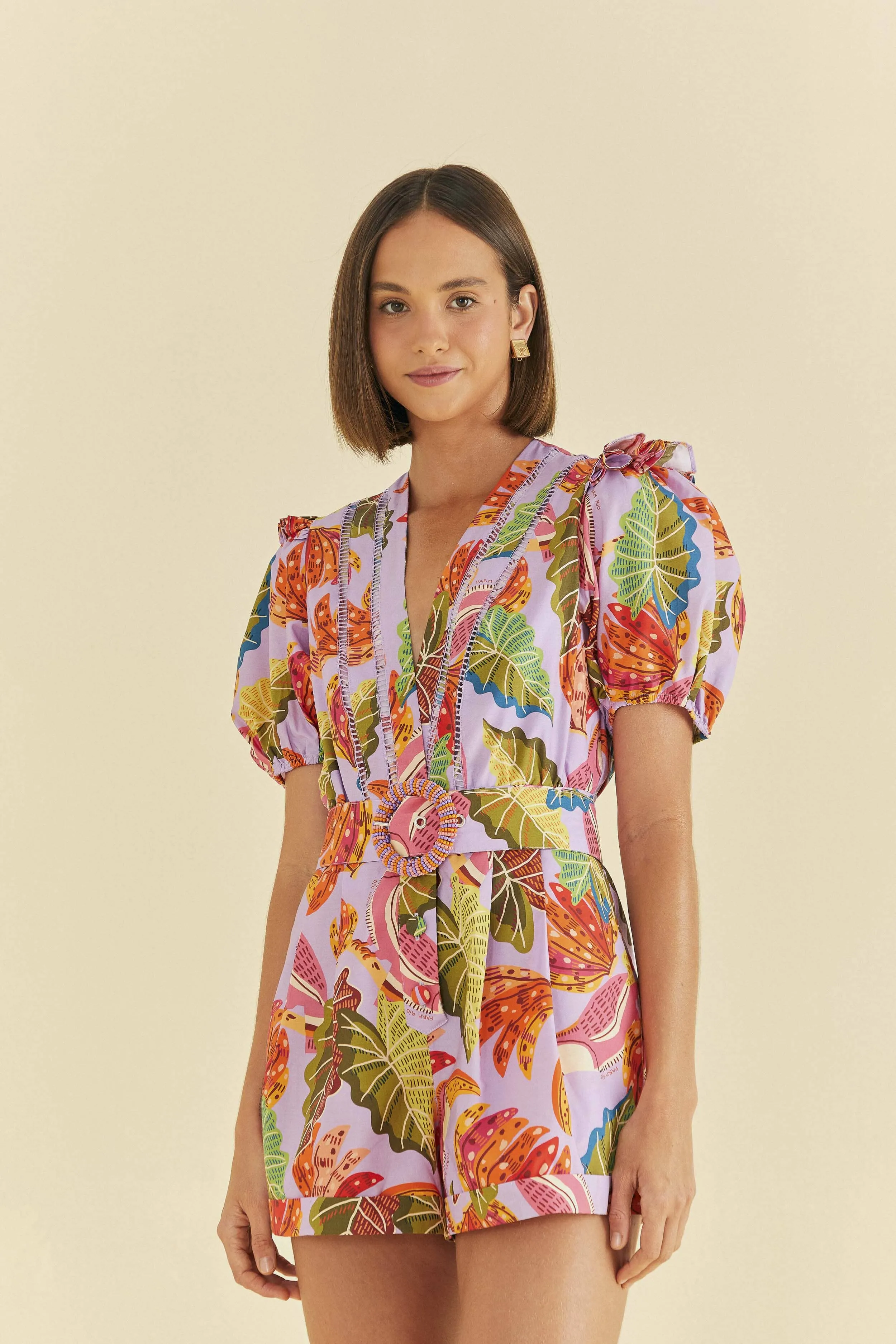 Lilac Beaks & Bananas V Neck Romper sold by FARM Rio