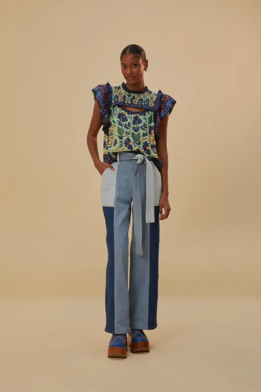 Tie Waist Patch Denim Pants sold by FARM Rio