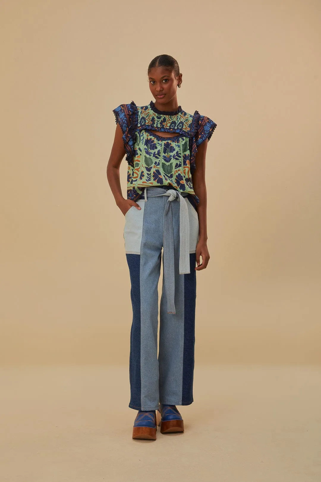 Tie Waist Patch Denim Pants sold by FARM Rio