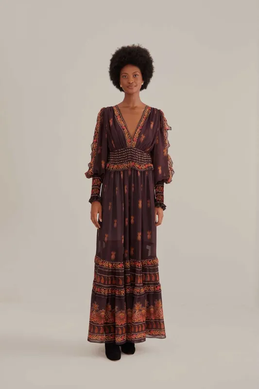 Brown Paisley Bloom Long Sleeve Maxi Dress sold by FARM Rio