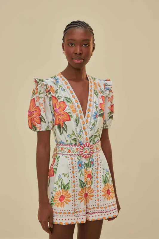 Off-White Bloom Garden LENZING™ ECOVERO™ Euroflax™ Romper sold by FARM Rio