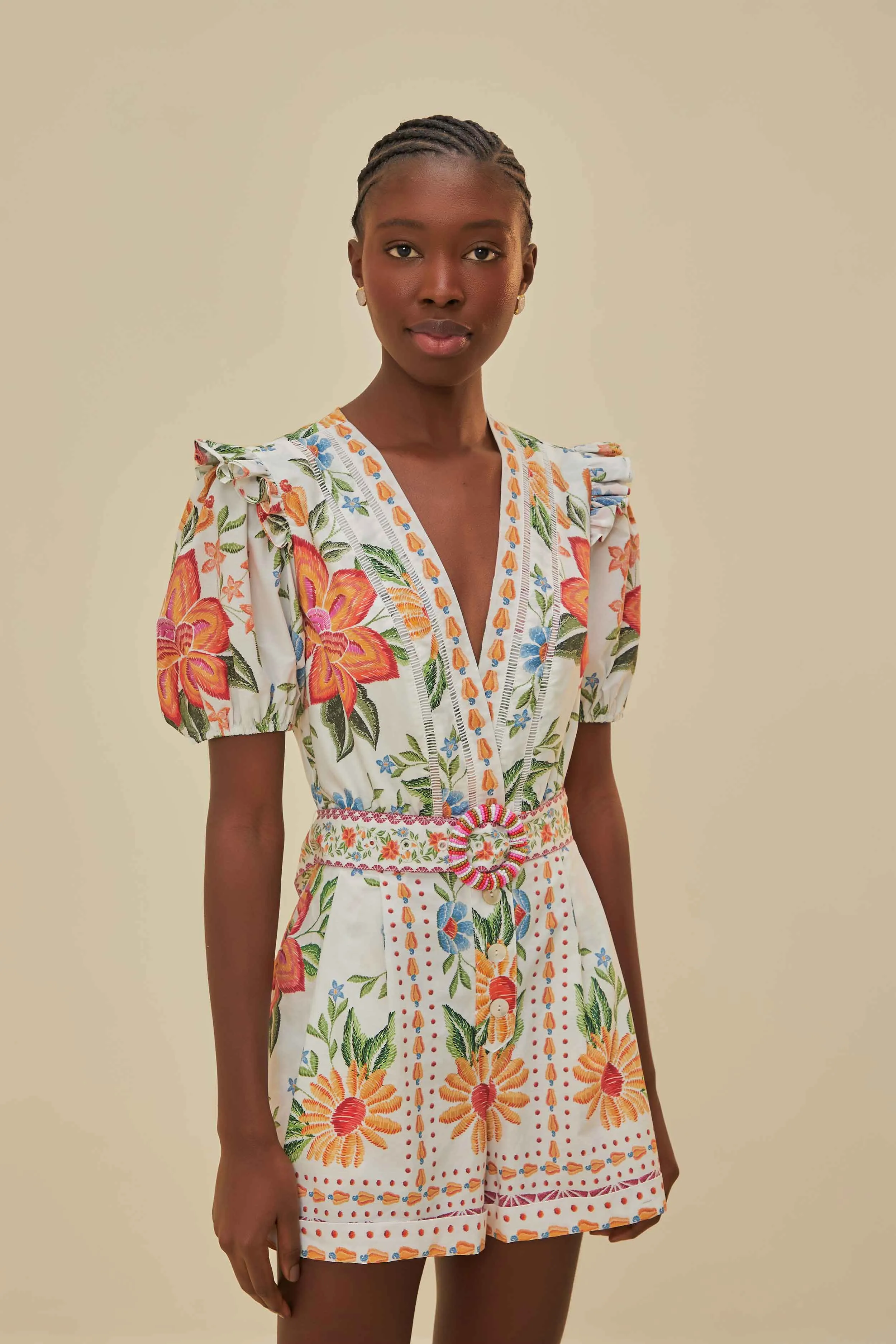 Off-White Bloom Garden LENZING™ ECOVERO™ Euroflax™ Romper sold by FARM Rio