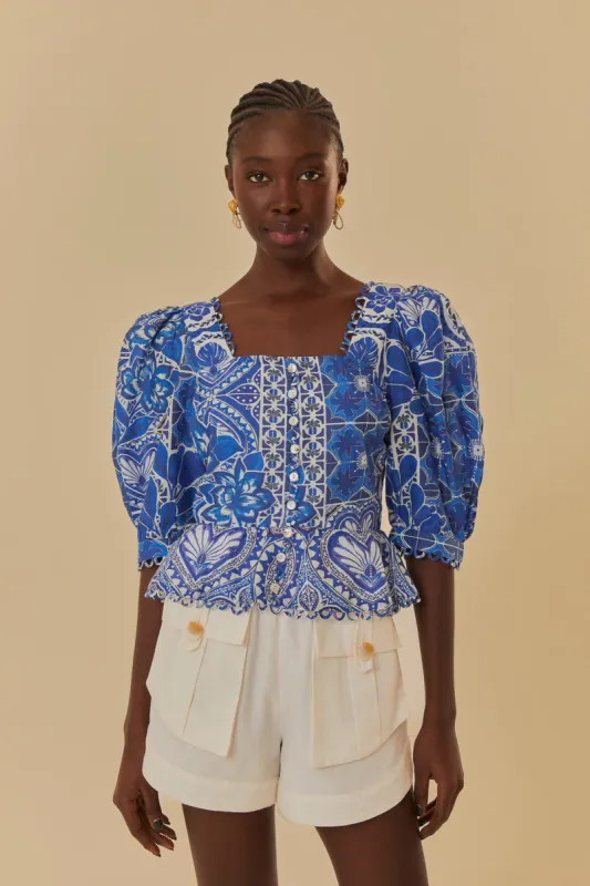 Blue Tile Dream Short Sleeve Blouse sold by FARM Rio
