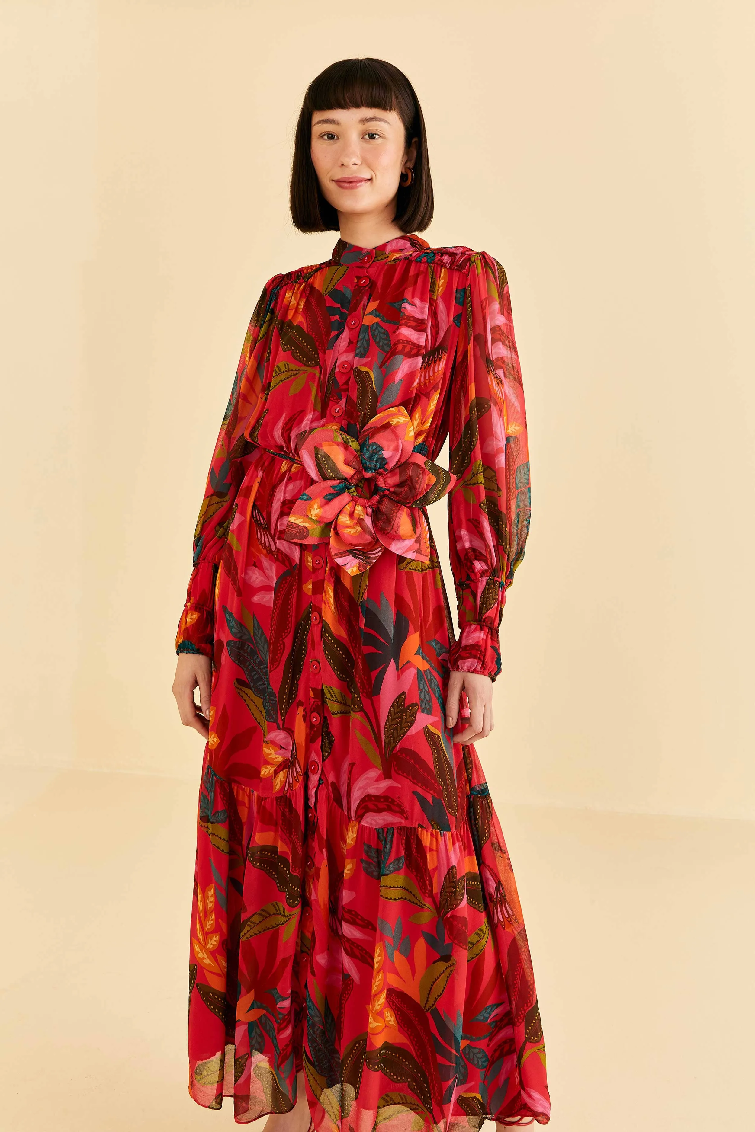 Red Rooster Leaves Long Sleeve Maxi Dress sold by FARM Rio