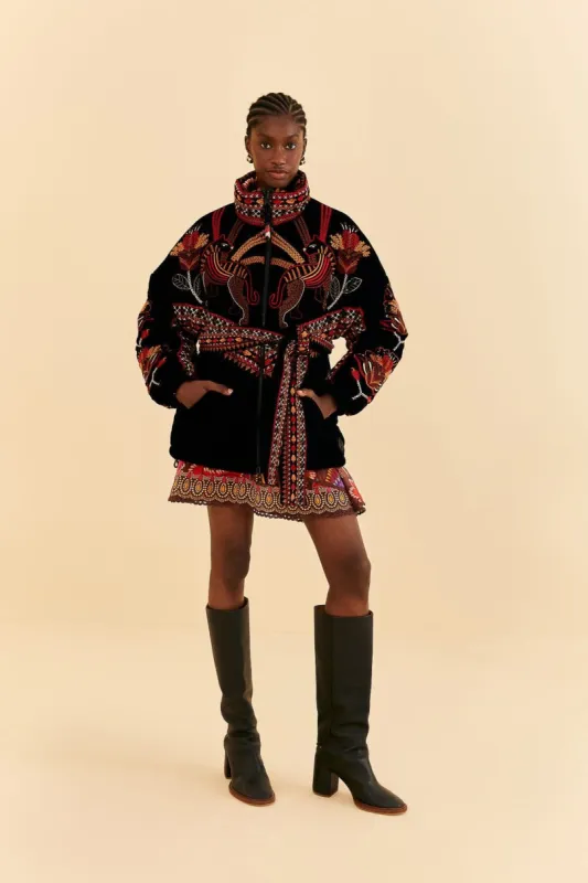 Black Nature Beauty Embroidered Puffer Jacket sold by FARM Rio