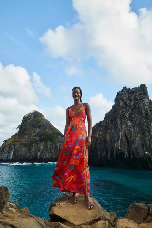 Red Good Vibes V Neck Maxi Dress sold by FARM Rio