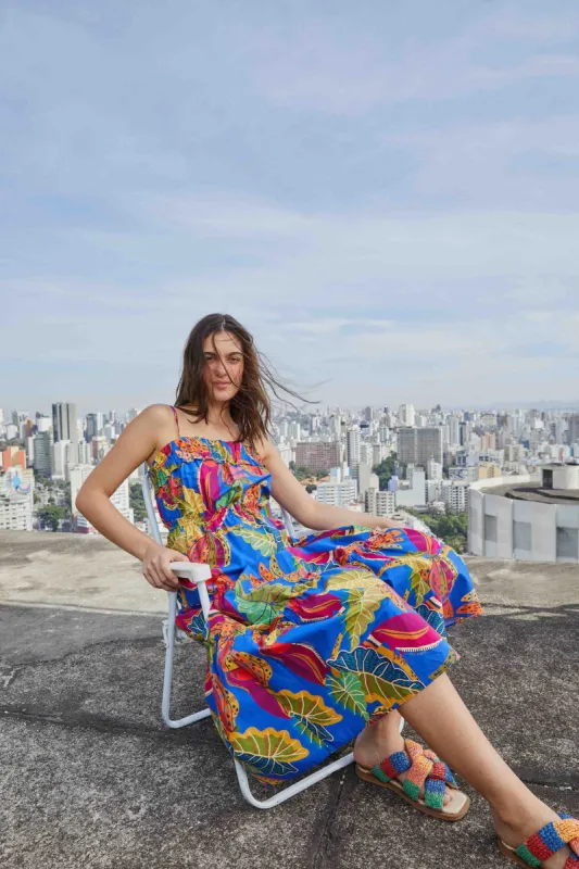 BLUE BEAKS & BANANAS TIERED MIDI DRESS sold by FARM Rio