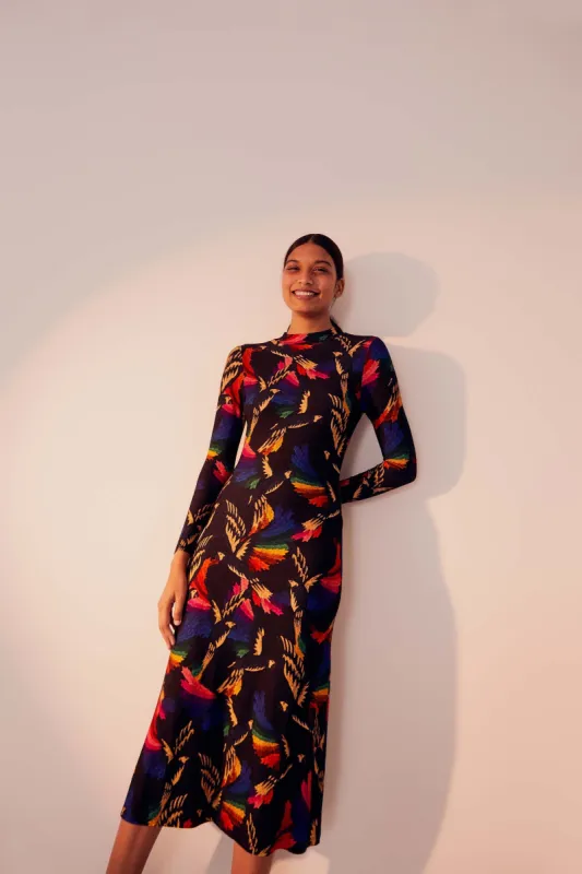 BLACK MACAWS FLIGHT JERSEY MIDI DRESS sold by FARM Rio