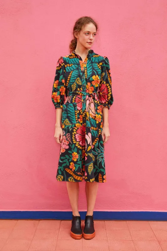 BLACK FLOWERDOSCOPIC CANVAS MIDI DRESS sold by FARM Rio