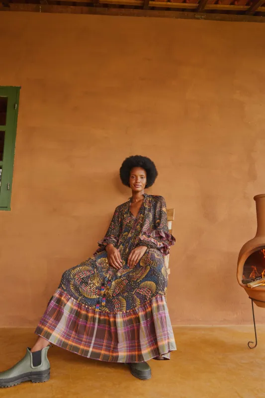 BLACK WILD BANANAS PLAID MAXI DRESS sold by FARM Rio