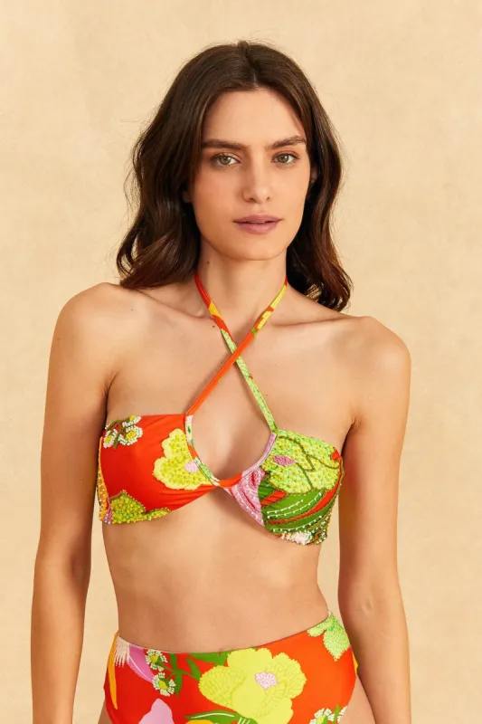 Red Neon Floral Halter Neck Bikini Top sold by FARM Rio
