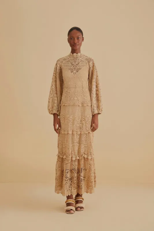 Khaki Guipure Long Sleeve Maxi Dress sold by FARM Rio