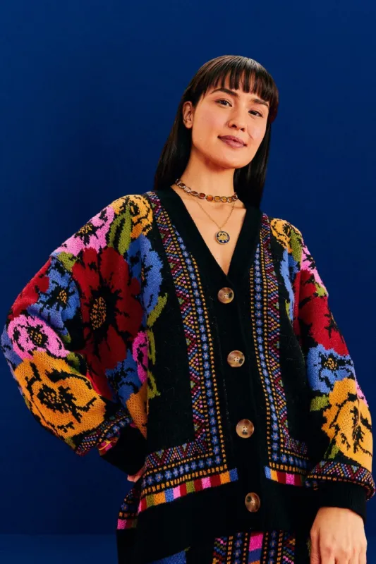 Black Flowers Tapestry Midi Cardigan sold by FARM Rio