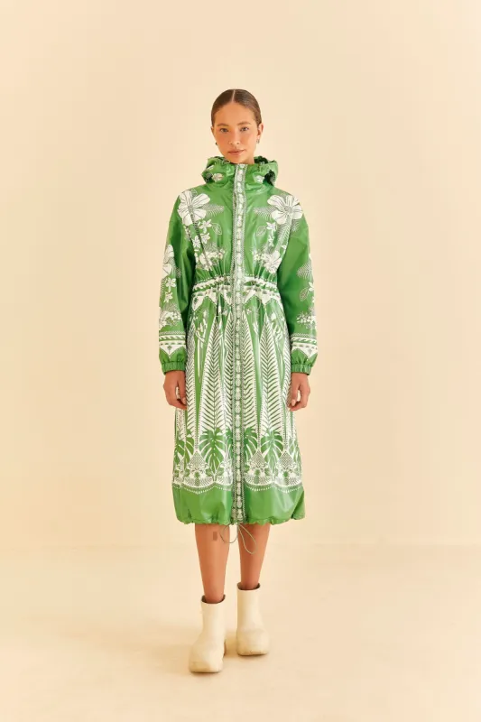 Green Macaw Elegance Long Raincoat made by FARM Rio