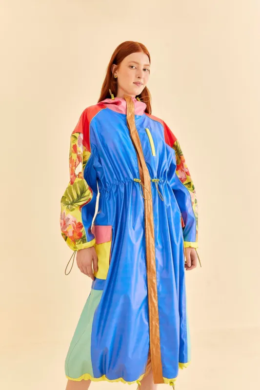 Blue Color Blocking Long Raincoat made by FARM Rio