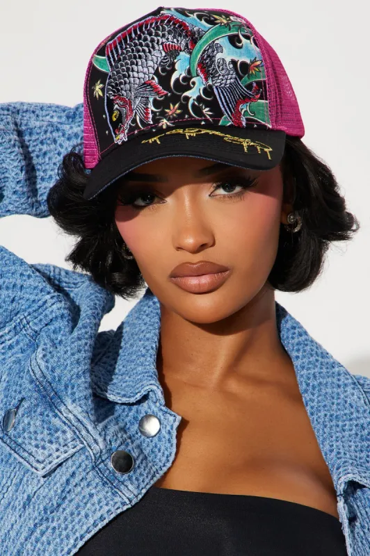 Koi Fish Embroidered Ed Hardy Tucker Hat - Black/Pink sold by Fashion Nova