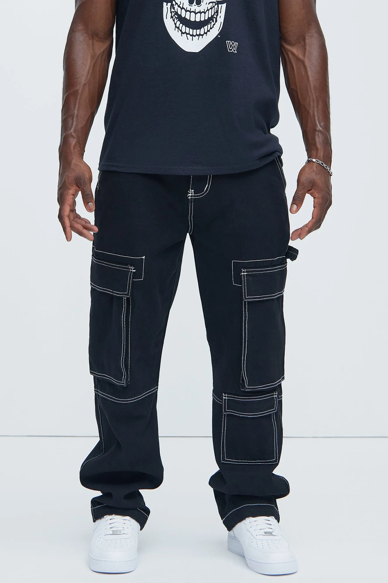 Contrast Stitch Cargo Jeans - Black sold by Fashion Nova