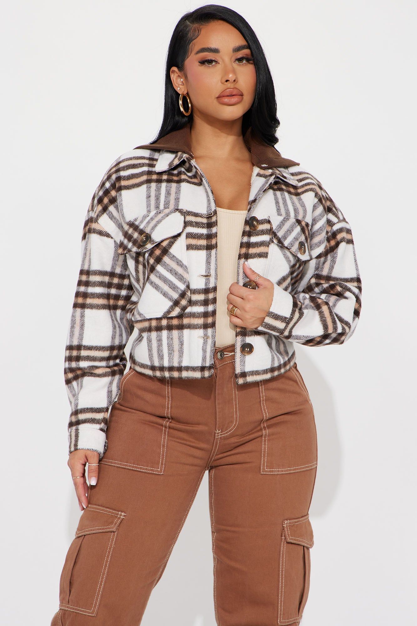Keep Checking Plaid Shacket - Brown Combo sold by Fashion Nova