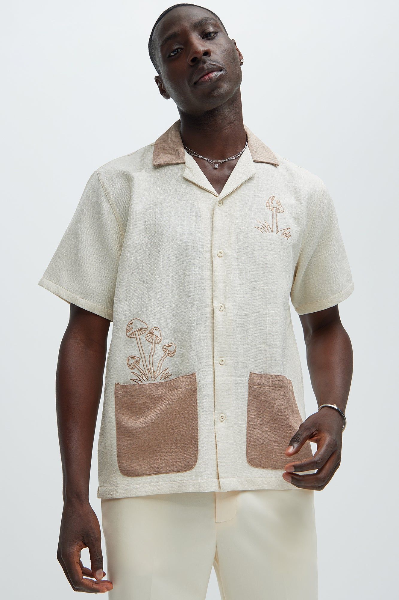 Mushroom Embroidered Shirt - Off White/combo sold by Fashion Nova