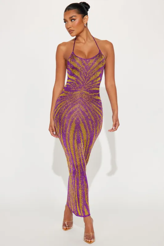 Leila Crochet Maxi Dress - Purple/combo sold by Fashion Nova