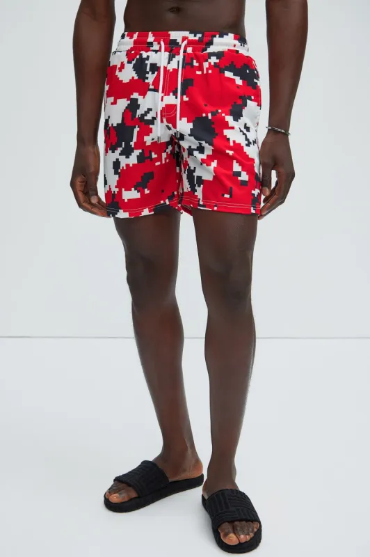 Digital Camo Swim Trunks - Red/combo sold by Fashion Nova
