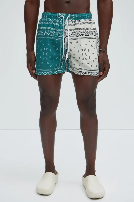 Paisley Tribe Swim Trunks - Green/combo sold by Fashion Nova