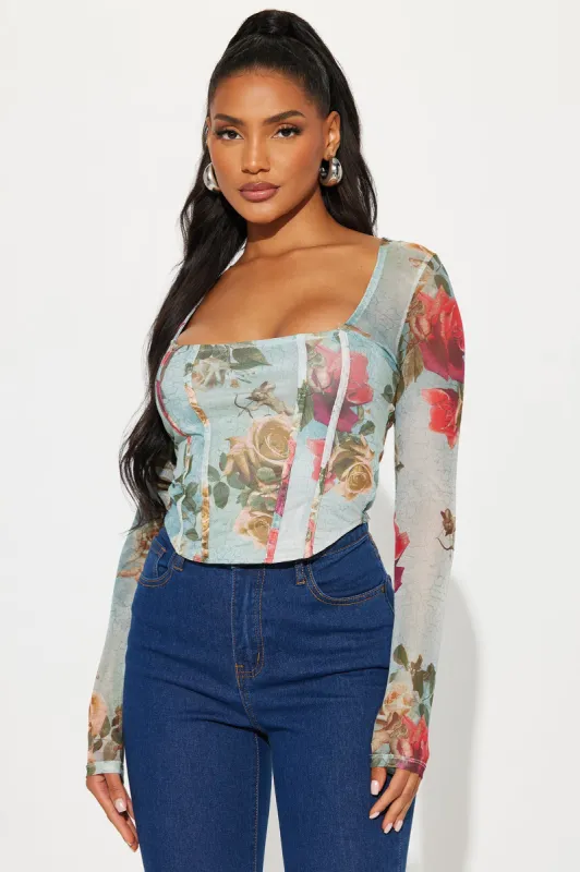Charlotte Mesh Corset Top - Light Blue sold by Fashion Nova