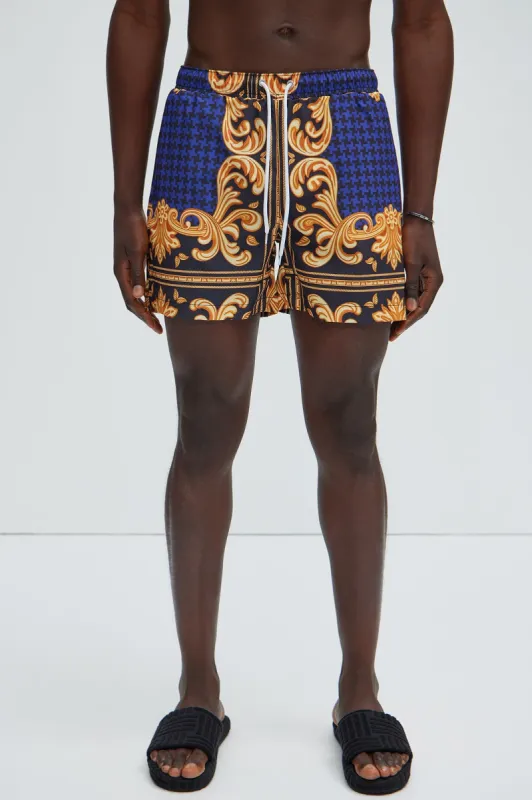 Fancy Livin' Swim Trunks - Blue/Gold sold by Fashion Nova