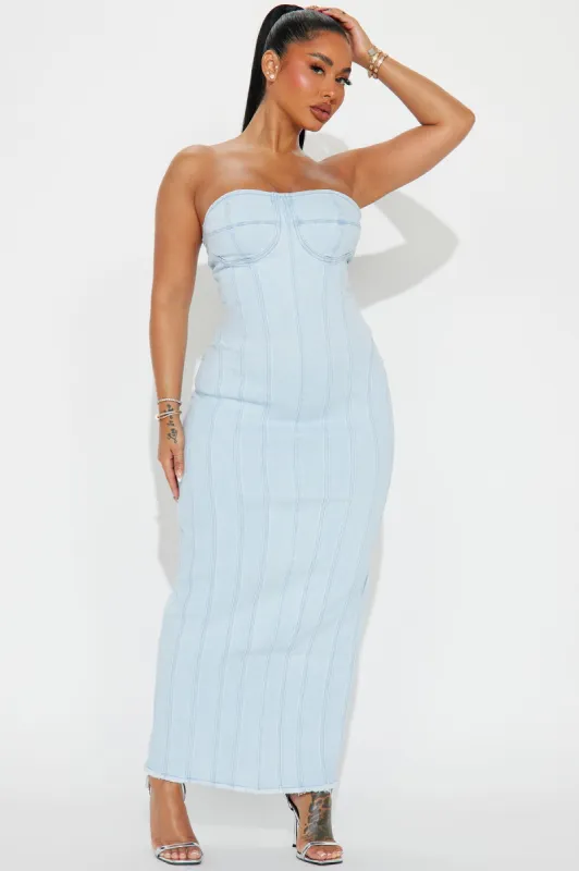 Main Attraction Denim Maxi Dress - Light Wash sold by Fashion Nova