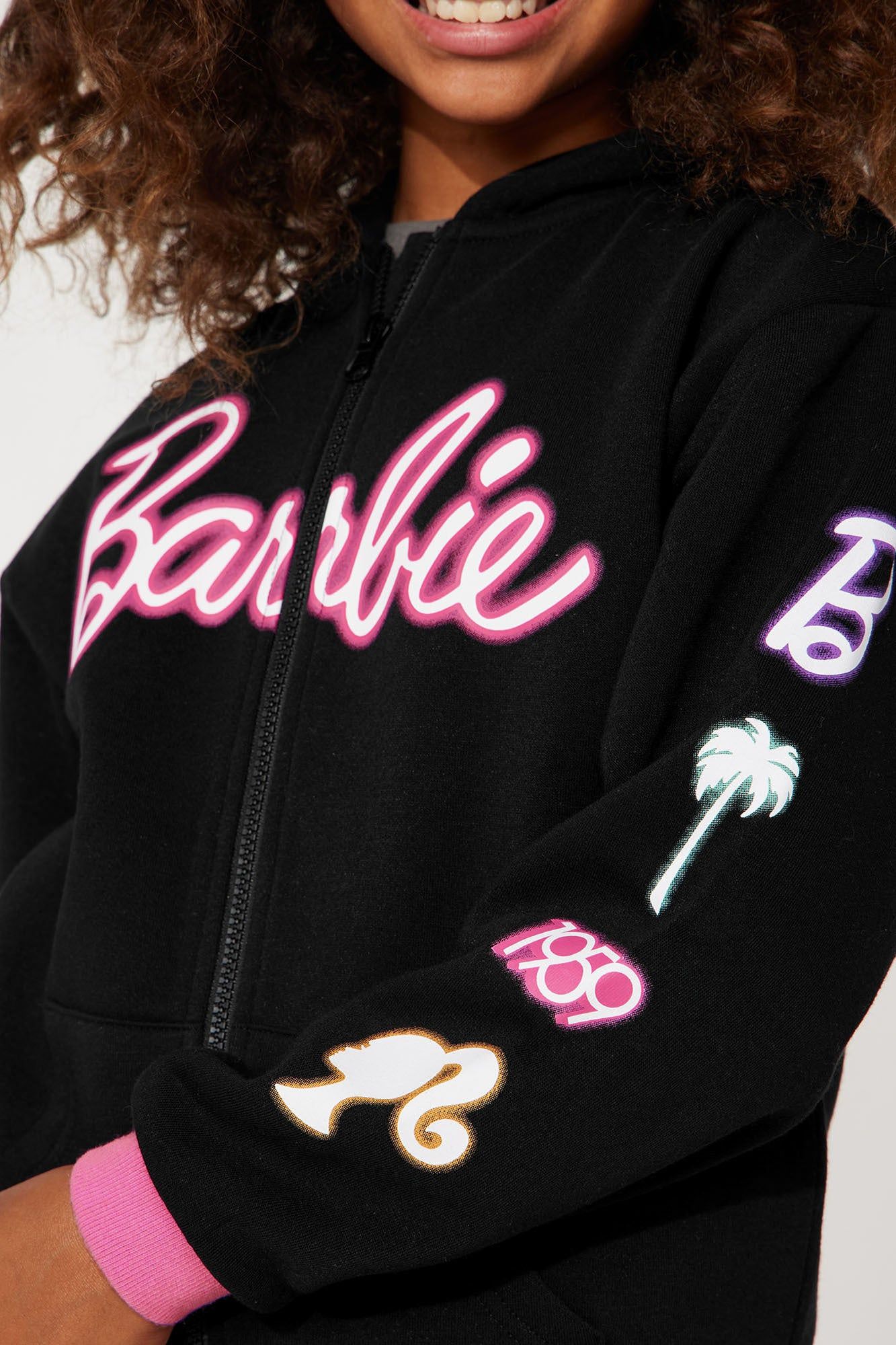 Mini Barbie Glow Zip Front Fleece Hoodie - Black sold by Fashion Nova product image thumbnail 4