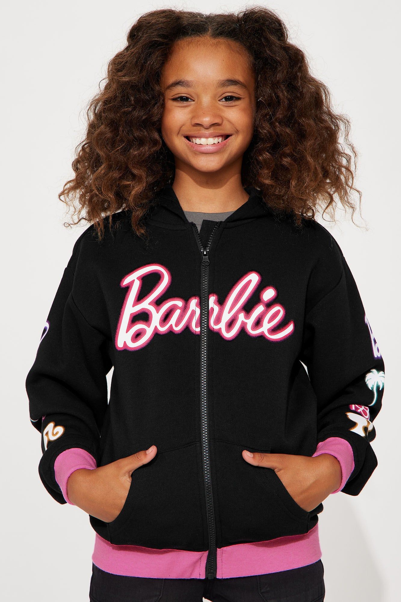 Mini Barbie Glow Zip Front Fleece Hoodie - Black sold by Fashion Nova