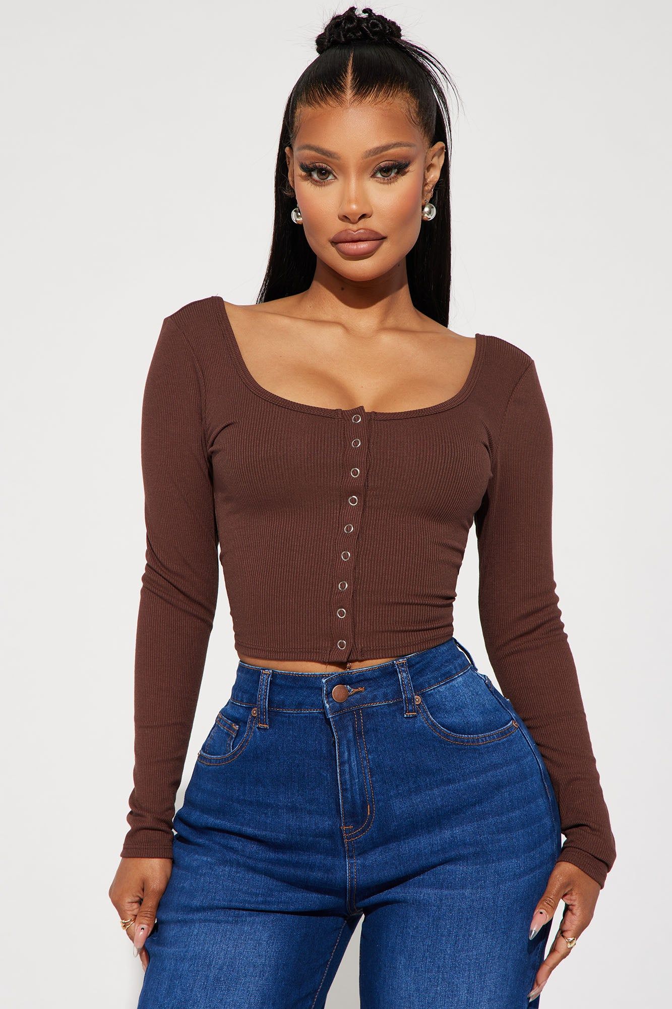 Dakota Long Sleeve Crop Top - Brown sold by Fashion Nova