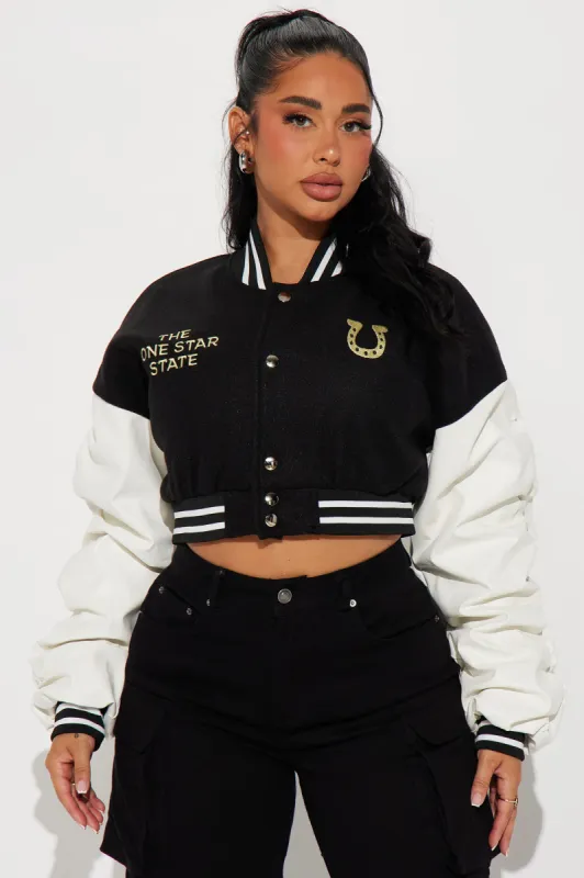 Better In Texas Varsity Jacket - Black/combo sold by Fashion Nova