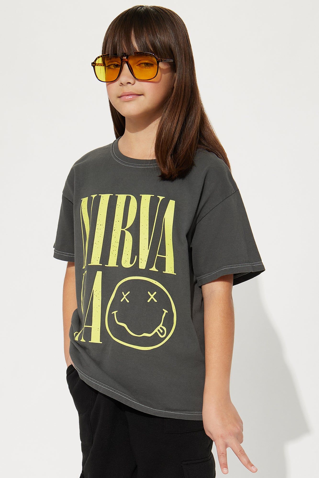 Mini Nirvana Stacked Smiley Tee - Charcoal sold by Fashion Nova