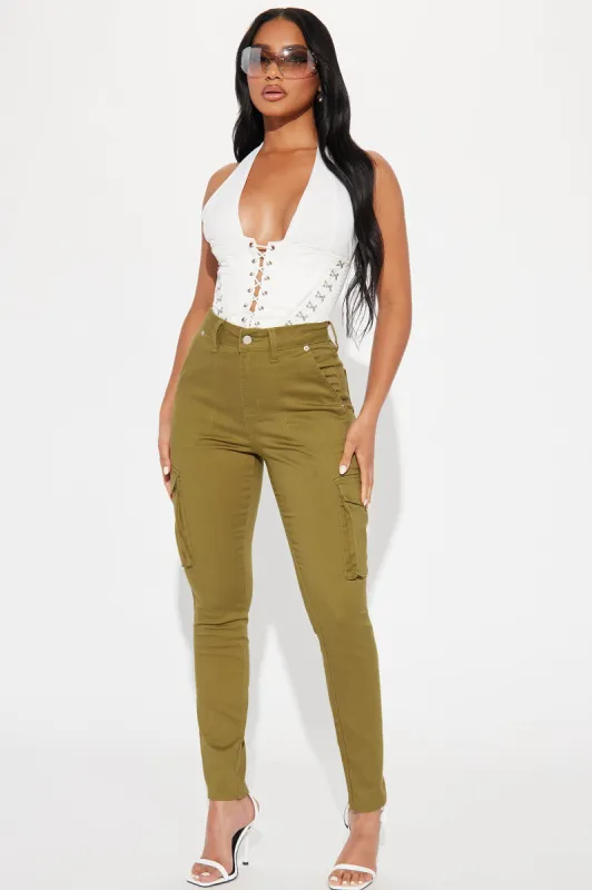 Kathleen High Rise Cargo Skinny Pant - Olive sold by Fashion Nova