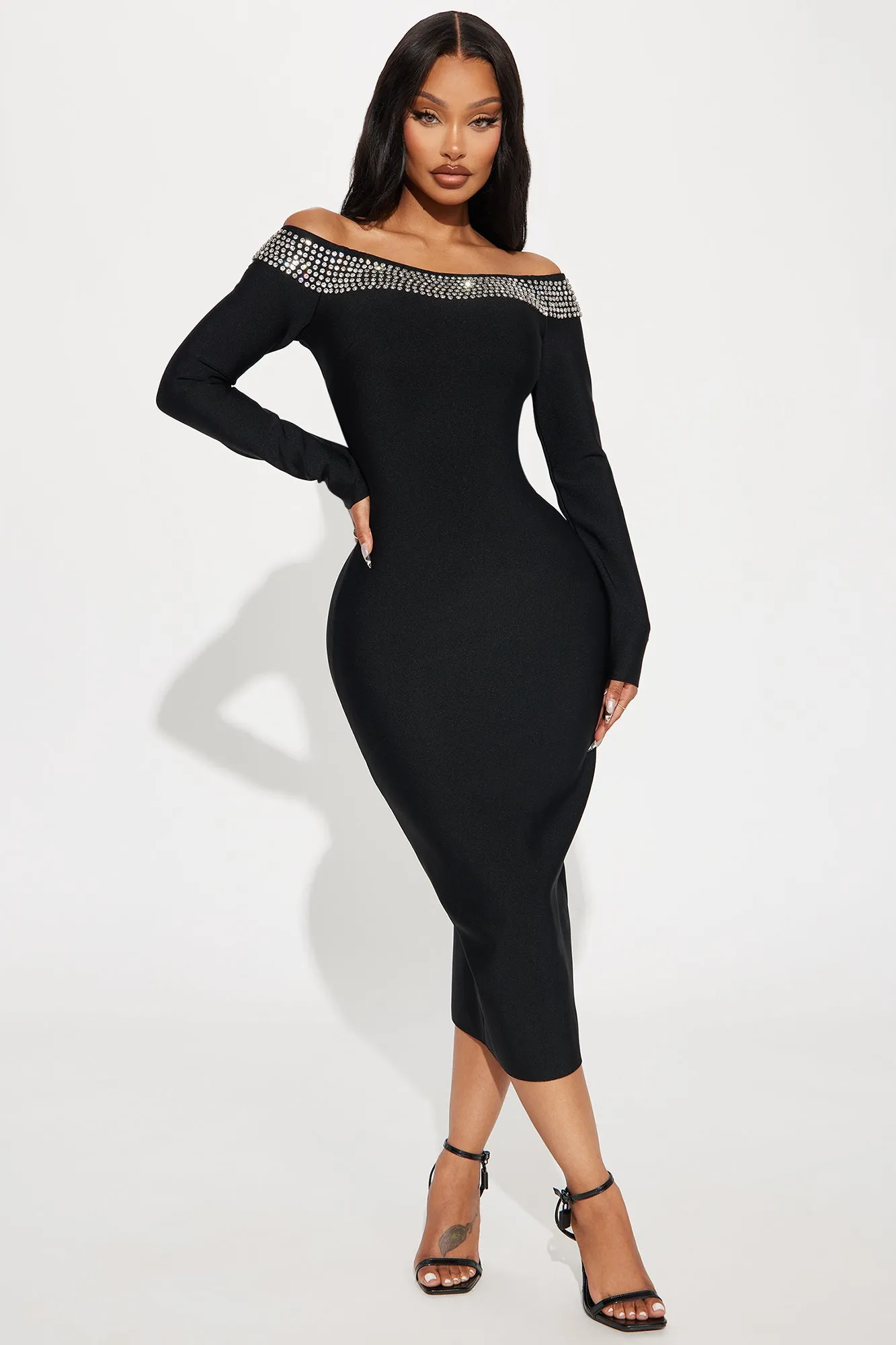 Droppin' Jewels Bandage Midi Dress - Black sold by Fashion Nova