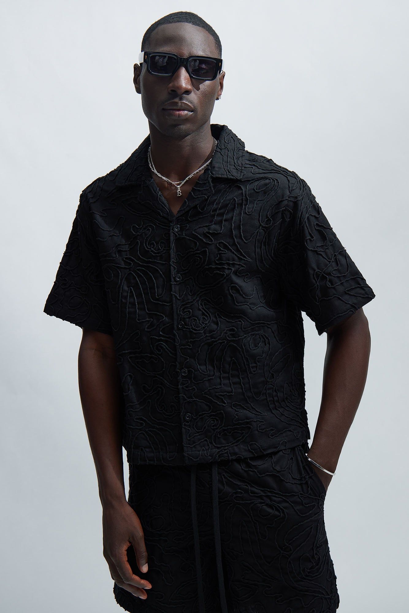 Swirl Jacquard Linen Shirt - Black sold by Fashion Nova