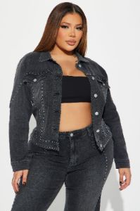Striking Conversation Embellished Denim Jacket - Black Wash sold by Fashion Nova