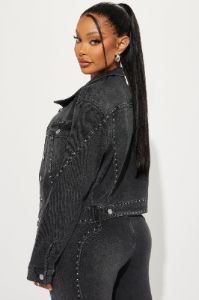 Striking Conversation Embellished Denim Jacket - Black Wash sold by Fashion Nova